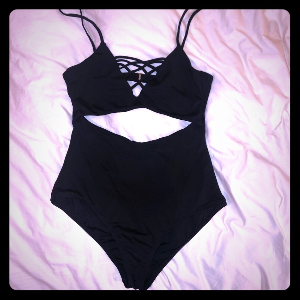 One piece black strappy bathing suit